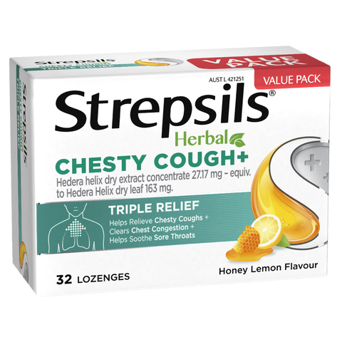 Strepsils Herbal Chesty Cough Honey Lemon Flavour 32 Lozenges