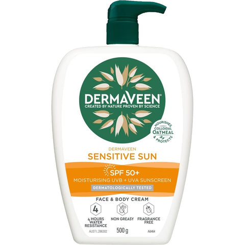 DermaVeen Sensitive Sun SPF 50+ Moisturising UVB + UVA Sunscreen Face & Body Cream Pump Pack 500g