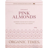 ORGANIC TIMES Pink Raspberry Dusted White Choc Almonds 130g