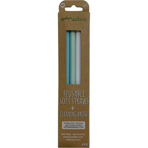 LITTLE MASHIES Reusable Soft Silicone Straws Pastel + Cleaning Brush 4pk